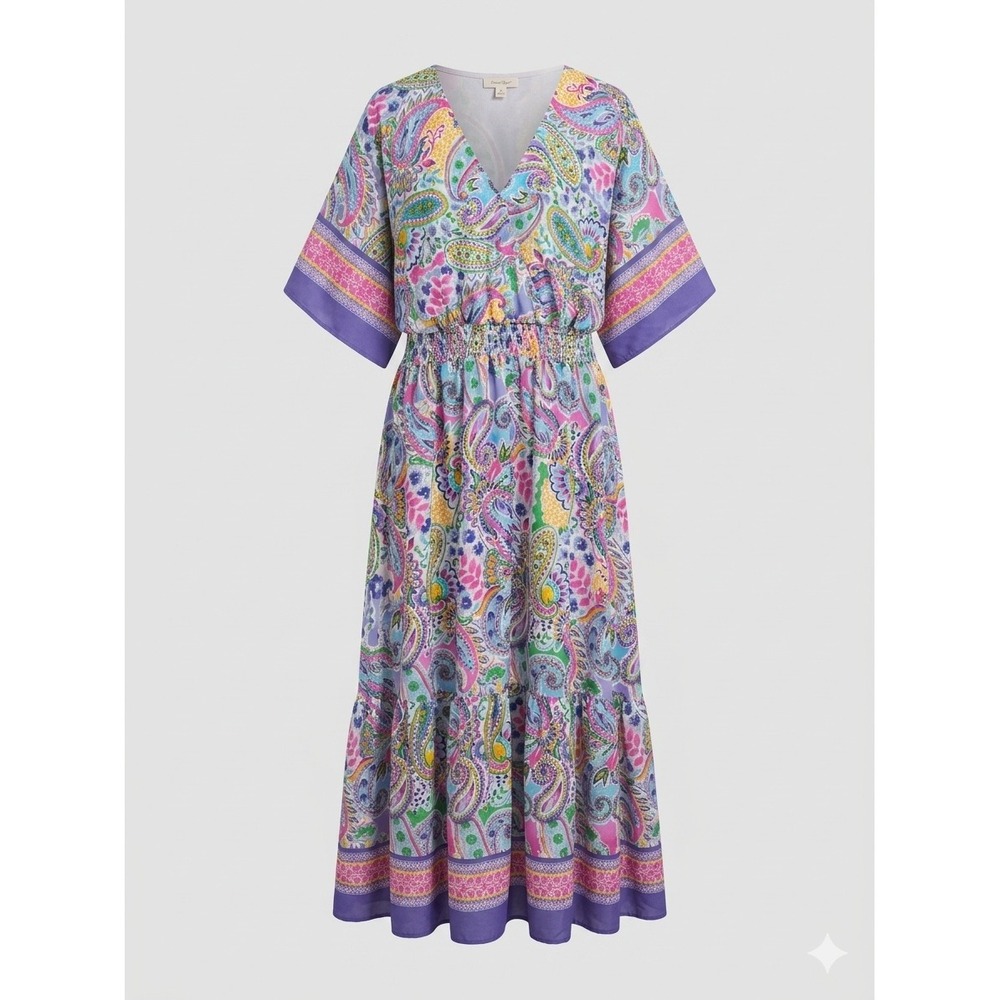 Cato Purple Paisley Smocked Waist Tiered Maxi Dress Plus Size 18/20W V-Neck